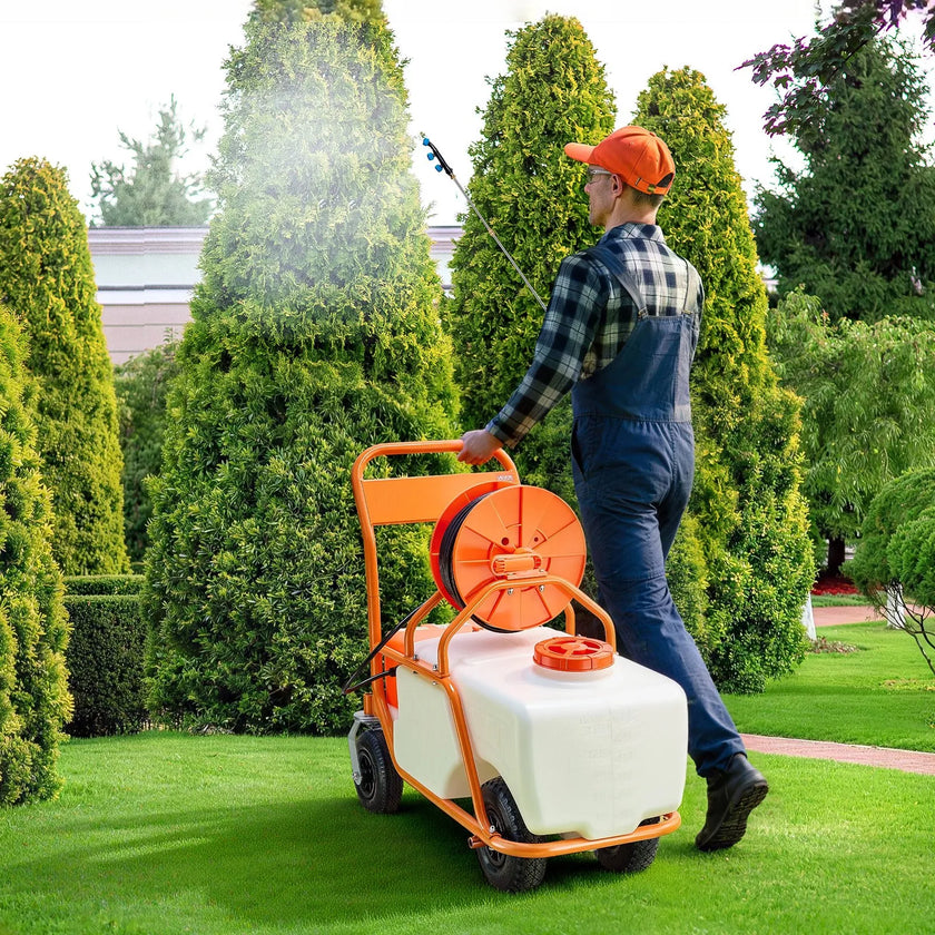 VEVOR Battery Powered Lawn Sprayer on Wheel, 0-90 PSI Adjustable Pressure, 15 Gallon Tank, Cart Sprayer with 8 Nozzles and 2 Wands, 12V 12Ah Battery, Wide Mouth Lid for Weeding, Spraying