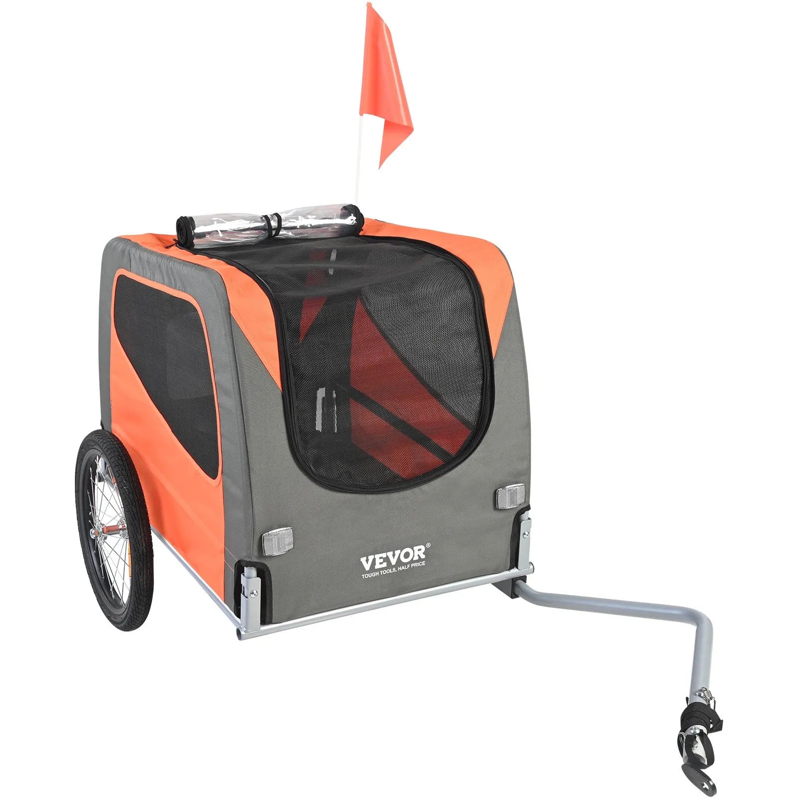 VEVOR Dog Bike Trailer, Supports up to 66 lbs, Pet Cart Bicycle Carrier, Easy Folding Frame with Quick Release Wheels, Universal Bicycle Coupler, Reflectors, Flag, Collapsible to Store, Orange/Gray
