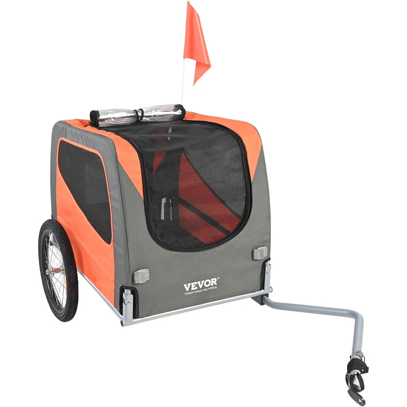VEVOR Dog Bike Trailer, Supports up to 66 lbs, Pet Cart Bicycle Carrier, Easy Folding Frame with Quick Release Wheels, Universal Bicycle Coupler, Reflectors, Flag, Collapsible to Store, Orange/Gray