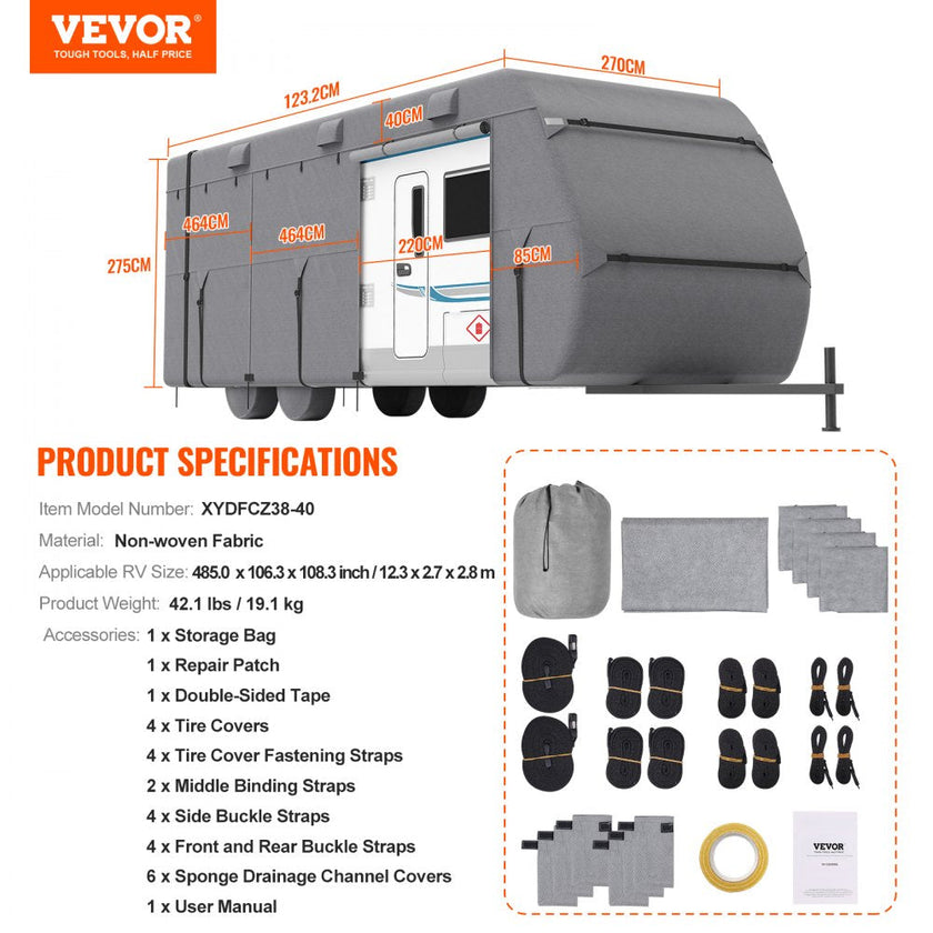 VEVOR Trailer Travel RV Cover 38-40 ft Class A Camper Cover Non-Woven Fabric