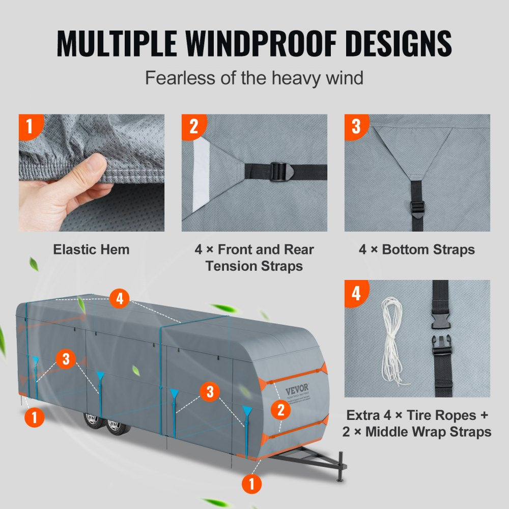 VEVOR Travel Trailer Cover, 20-22' RV Cover, 4-Layer Non-Woven Fabric Camper Cover, Waterproof, Windproof And Wear-Resistant Class A RV Cover, Rip-Stop Camper Cover with Storage Bag and Patches
