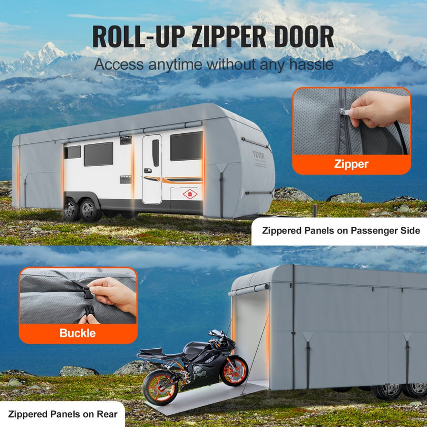 VEVOR Travel Trailer Cover, 20-22' RV Cover, 4-Layer Non-Woven Fabric Camper Cover, Waterproof, Windproof And Wear-Resistant Class A RV Cover, Rip-Stop Camper Cover with Storage Bag and Patches