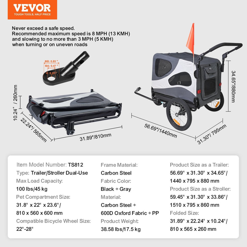 VEVOR Dog Bike Trailer, Supports up to 100 lbs, 2-in-1 Pet Stroller Cart Bicycle Carrier, Easy Folding Cart Frame with Quick Release Wheels, Universal Bicycle Coupler, Reflectors, Flag, Black/Gray