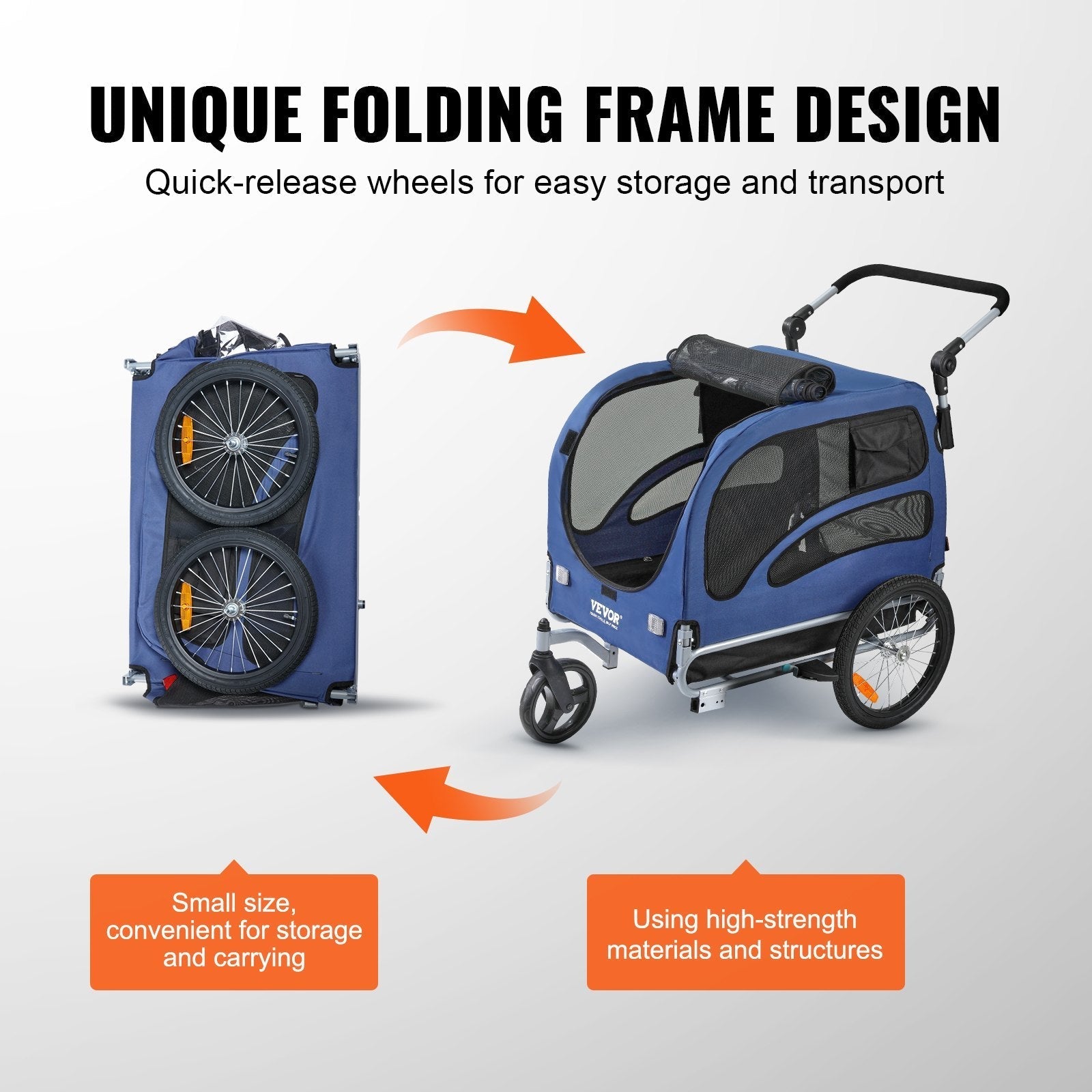 VEVOR Dog Bike Trailer, Supports up to 100 lbs, 2-in-1 Pet Stroller Cart Bicycle Carrier, Easy Folding Cart Frame with Quick Release Wheels, Universal Bicycle Coupler, Reflectors, Flag, Blue/Black