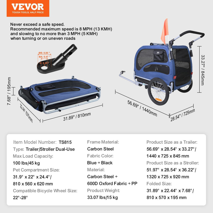 VEVOR Dog Bike Trailer, Supports up to 100 lbs, 2-in-1 Pet Stroller Cart Bicycle Carrier, Easy Folding Cart Frame with Quick Release Wheels, Universal Bicycle Coupler, Reflectors, Flag, Blue/Black