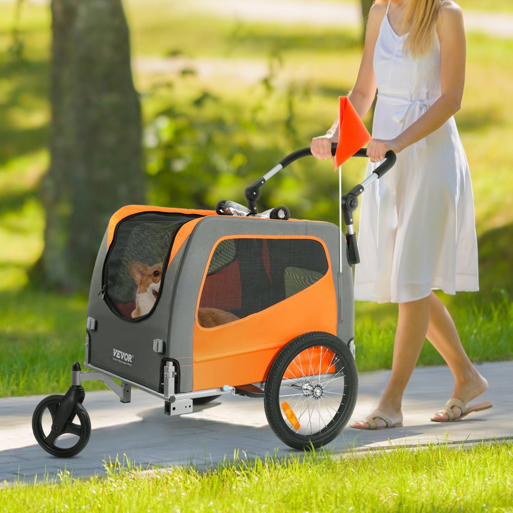 VEVOR Dog Bike Trailer, Supports up to 66 lbs, 2-in-1 Pet Stroller Cart Bicycle Carrier, Easy Folding Cart Frame with Quick Release Wheels, Universal Bicycle Coupler, Reflectors, Flag, Orange/Gray