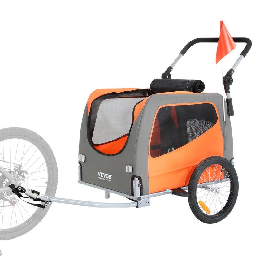 VEVOR Dog Bike Trailer, Supports up to 66 lbs, 2-in-1 Pet Stroller Cart Bicycle Carrier, Easy Folding Cart Frame with Quick Release Wheels, Universal Bicycle Coupler, Reflectors, Flag, Orange/Gray