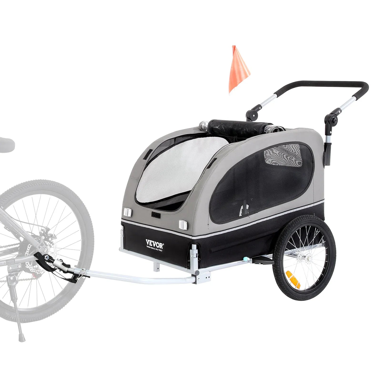 VEVOR Dog Bike Trailer, Supports up to 88 lbs, 2-in-1 Pet Stroller Cart Bicycle Carrier, Easy Folding Cart Frame with Quick Release Wheels, Universal Bicycle Coupler, Reflectors, Flag, Black/Gray