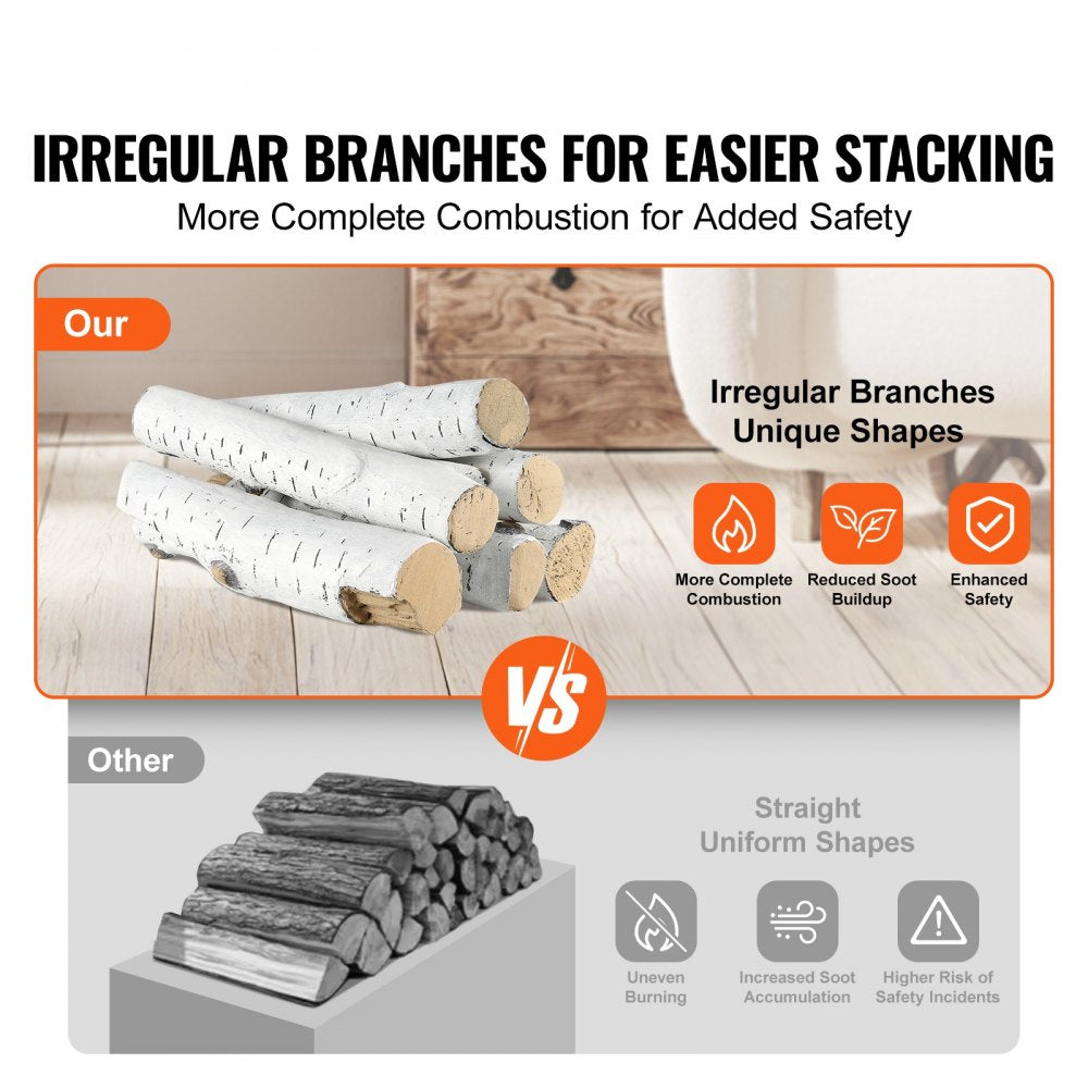 VEVOR 6 Pcs Large Withe Birch Logs, Gas Fireplace Ceramic Logs for Fire place, Heat-Resistant Wood Log Gas Realistic Logs, Stackable Wood Branches for Gas Fireplace, Firebowl Indoor or Outdoor