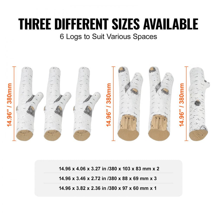 VEVOR 6 Pcs Large Withe Birch Logs, Gas Fireplace Ceramic Logs for Fire place, Heat-Resistant Wood Log Gas Realistic Logs, Stackable Wood Branches for Gas Fireplace, Firebowl Indoor or Outdoor