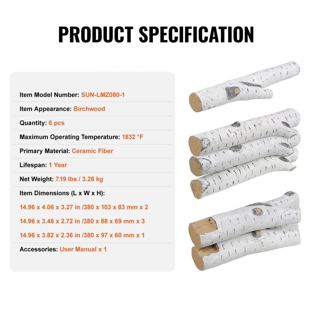 VEVOR 6 Pcs Large Withe Birch Logs, Gas Fireplace Ceramic Logs for Fire place, Heat-Resistant Wood Log Gas Realistic Logs, Stackable Wood Branches for Gas Fireplace, Firebowl Indoor or Outdoor