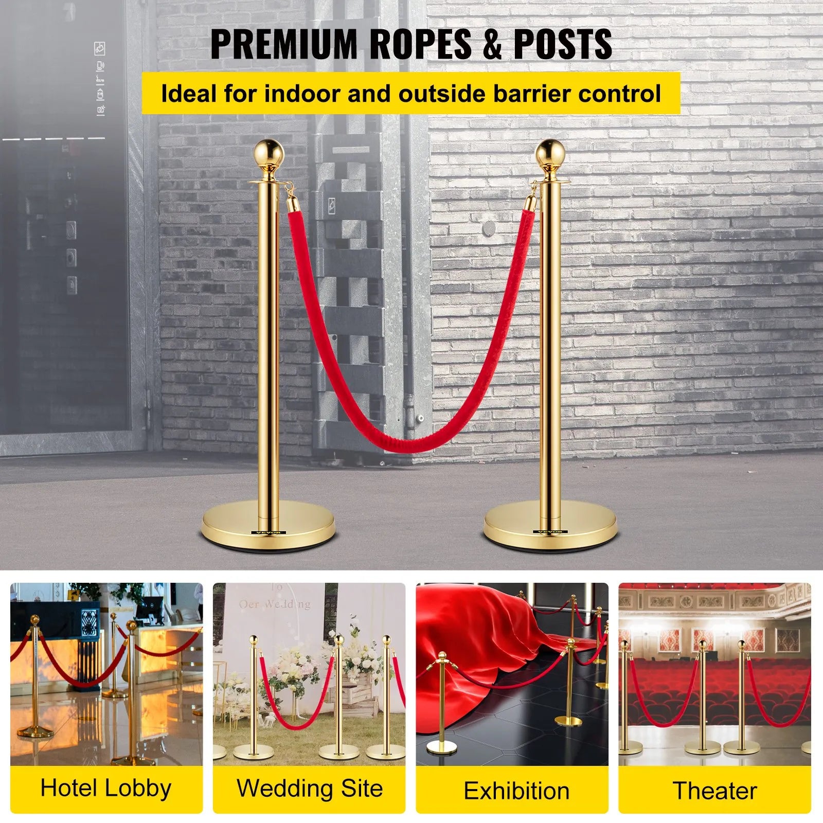 VEVOR Velvet Ropes and Posts, 5 ft/1.5 m Red Rope, Stainless Steel Gold Stanchion with Ball Top, Red Crowd Control Barrier Used for Theaters, Party, Wedding, Exhibition, Ticket Offices 4 packSets