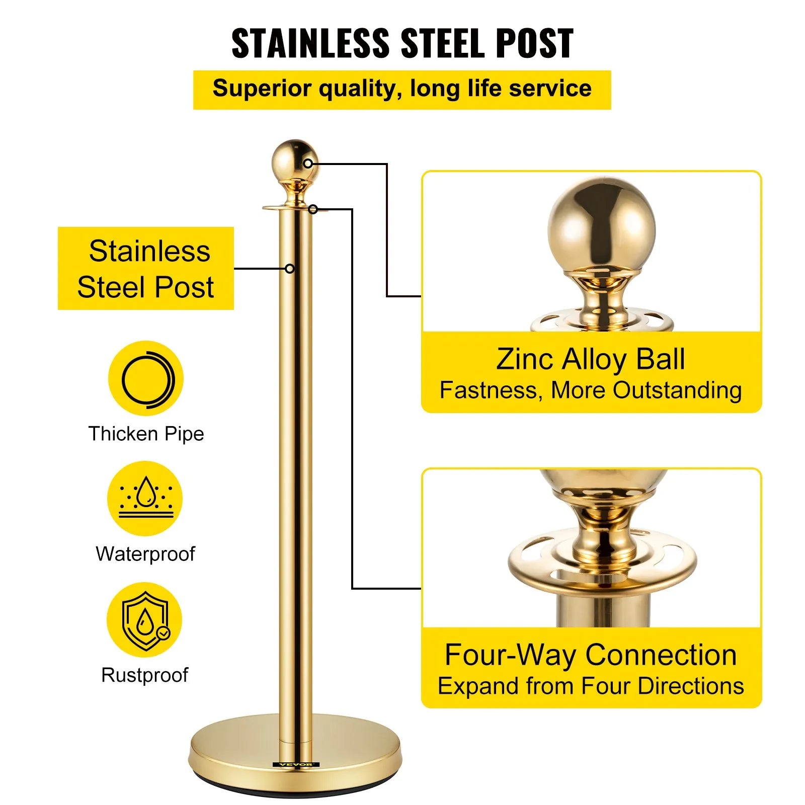 VEVOR Velvet Ropes and Posts, 5 ft/1.5 m Red Rope, Stainless Steel Gold Stanchion with Ball Top, Red Crowd Control Barrier Used for Theaters, Party, Wedding, Exhibition, Ticket Offices 4 packSets