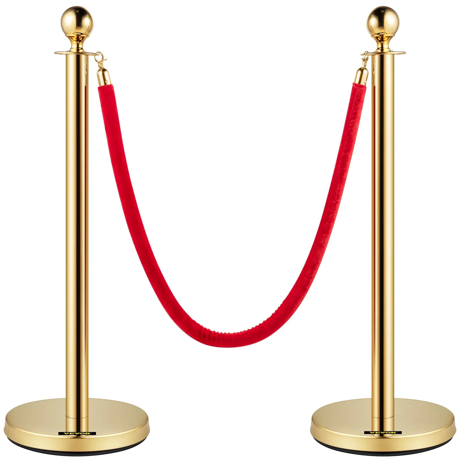 VEVOR Velvet Ropes and Posts, 5 ft/1.5 m Red Rope, Stainless Steel Gold Stanchion with Ball Top, Red Crowd Control Barrier Used for Theaters, Party, Wedding, Exhibition, Ticket Offices Pack Sets (6)