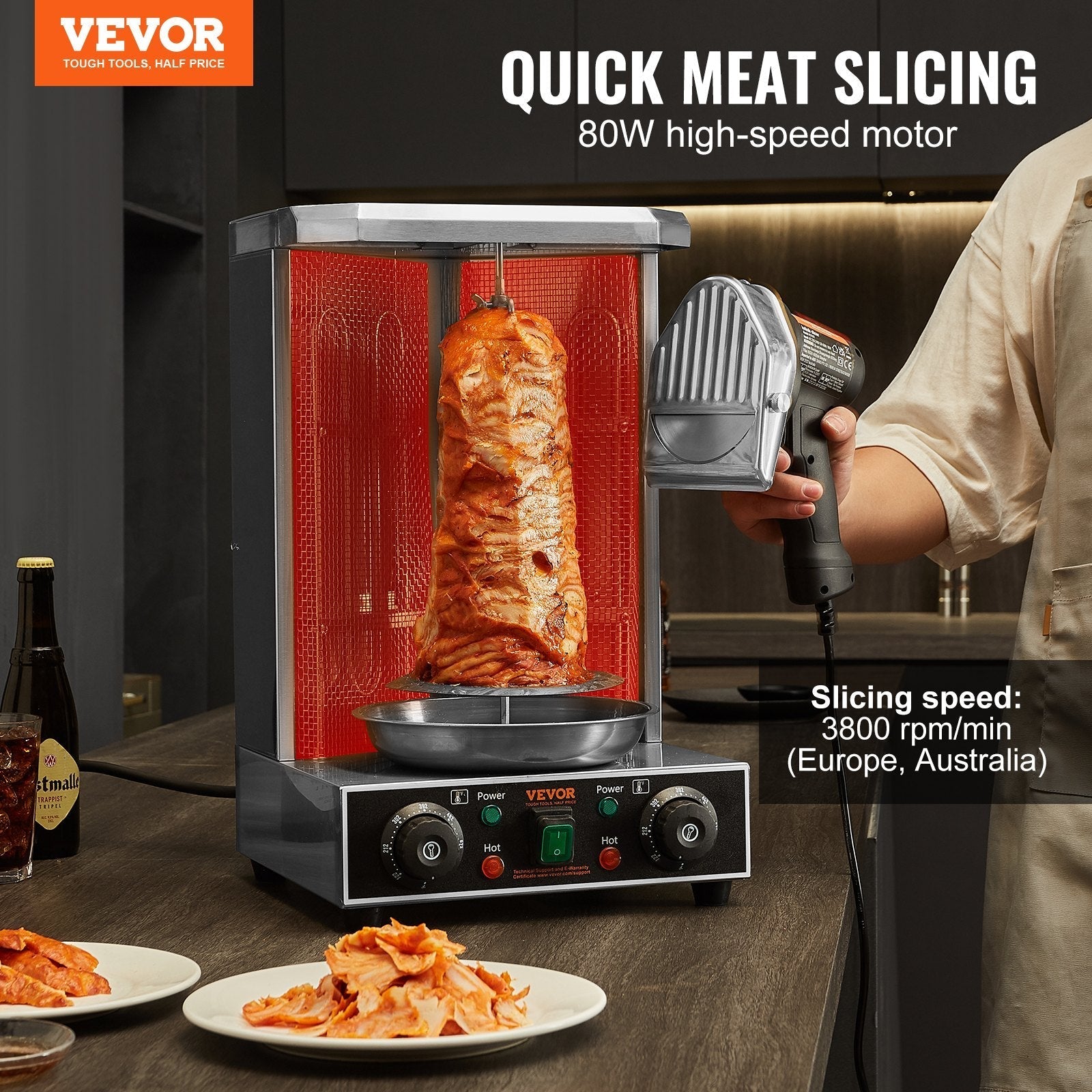 VEVOR Electric Shawarma Knife, 80W Professional Turkish Kebab Knife, Commercial Stainless Steel Gyro Cutter, Doner Kebab Meat Slicer with 2 Blades, ?4