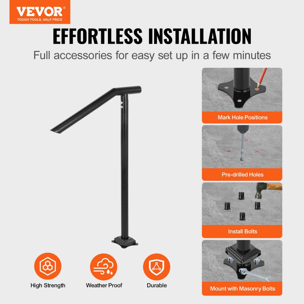VEVOR 1-3 Step Handrail, Black Steel Railing for Steps 330LBS Capacity Stair Handrail  Baking Varnish Metal Handrail for Stairs Stylish Handrails for Outdoor Steps with Expansion Bolts & Drill Bit
