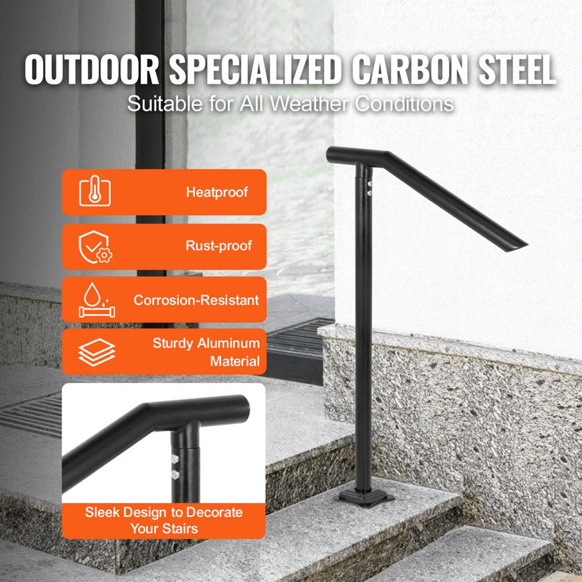 VEVOR 1-3 Step Handrail, Black Steel Railing for Steps 330LBS Capacity Stair Handrail  Baking Varnish Metal Handrail for Stairs Stylish Handrails for Outdoor Steps with Expansion Bolts & Drill Bit