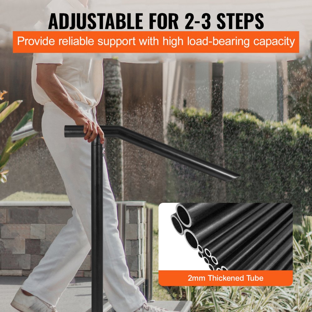 VEVOR 1-3 Step Handrail, Black Steel Railing for Steps 330LBS Capacity Stair Handrail  Baking Varnish Metal Handrail for Stairs Stylish Handrails for Outdoor Steps with Expansion Bolts & Drill Bit