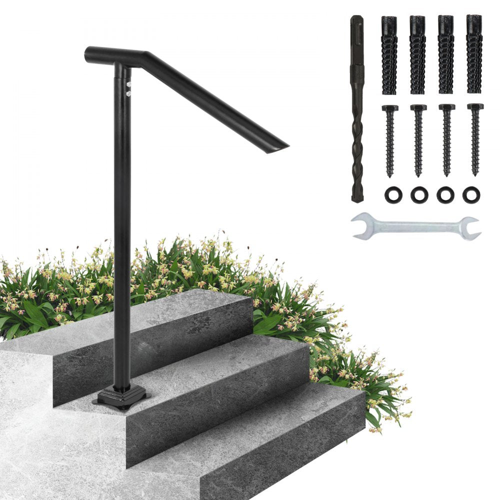 VEVOR 1-3 Step Handrail, Black Steel Railing for Steps 330LBS Capacity Stair Handrail  Baking Varnish Metal Handrail for Stairs Stylish Handrails for Outdoor Steps with Expansion Bolts & Drill Bit