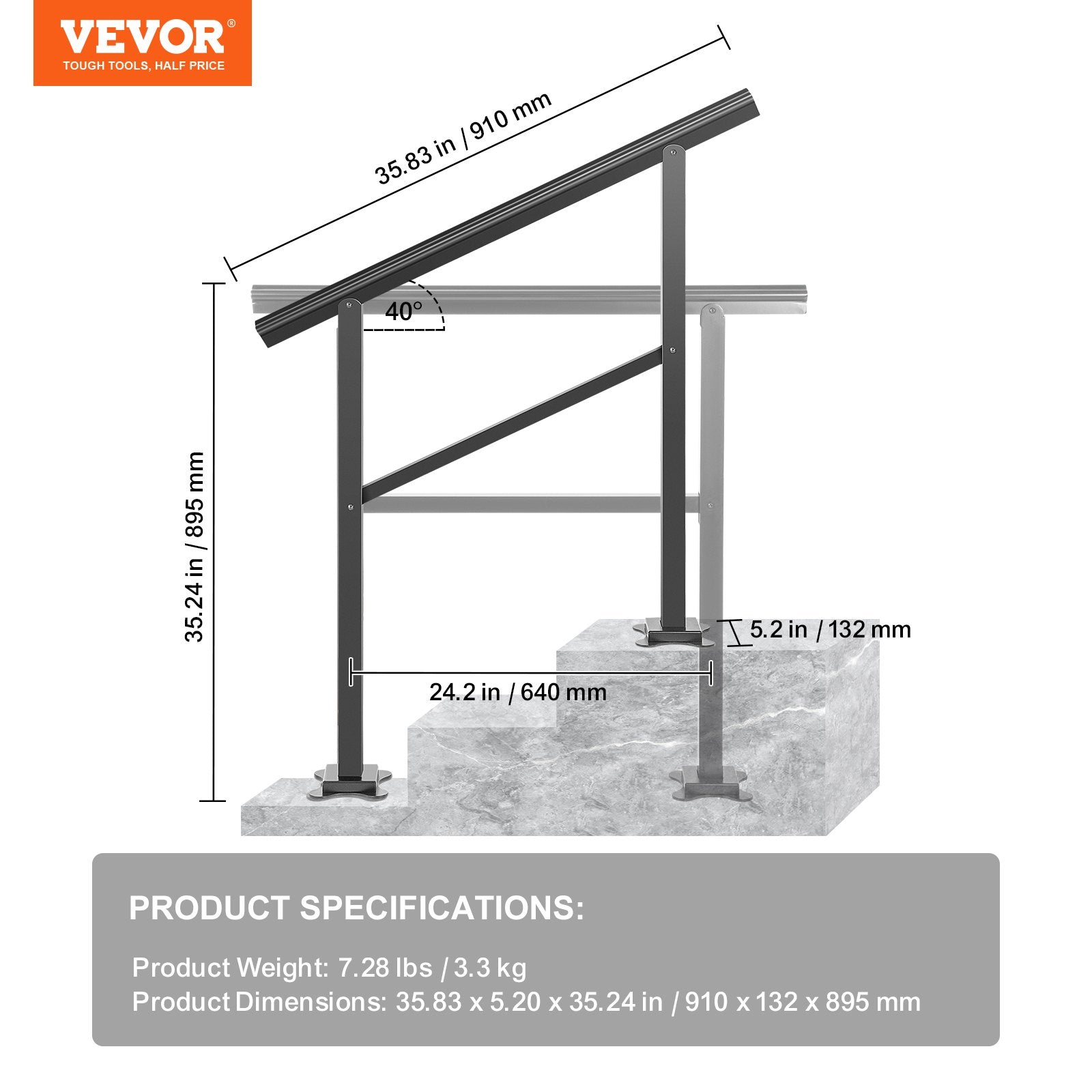 VEVOR Outdoor Handrail 165LBS Load Handrail Outdoor Stairs Aluminum Stair Handrail 36 x 35