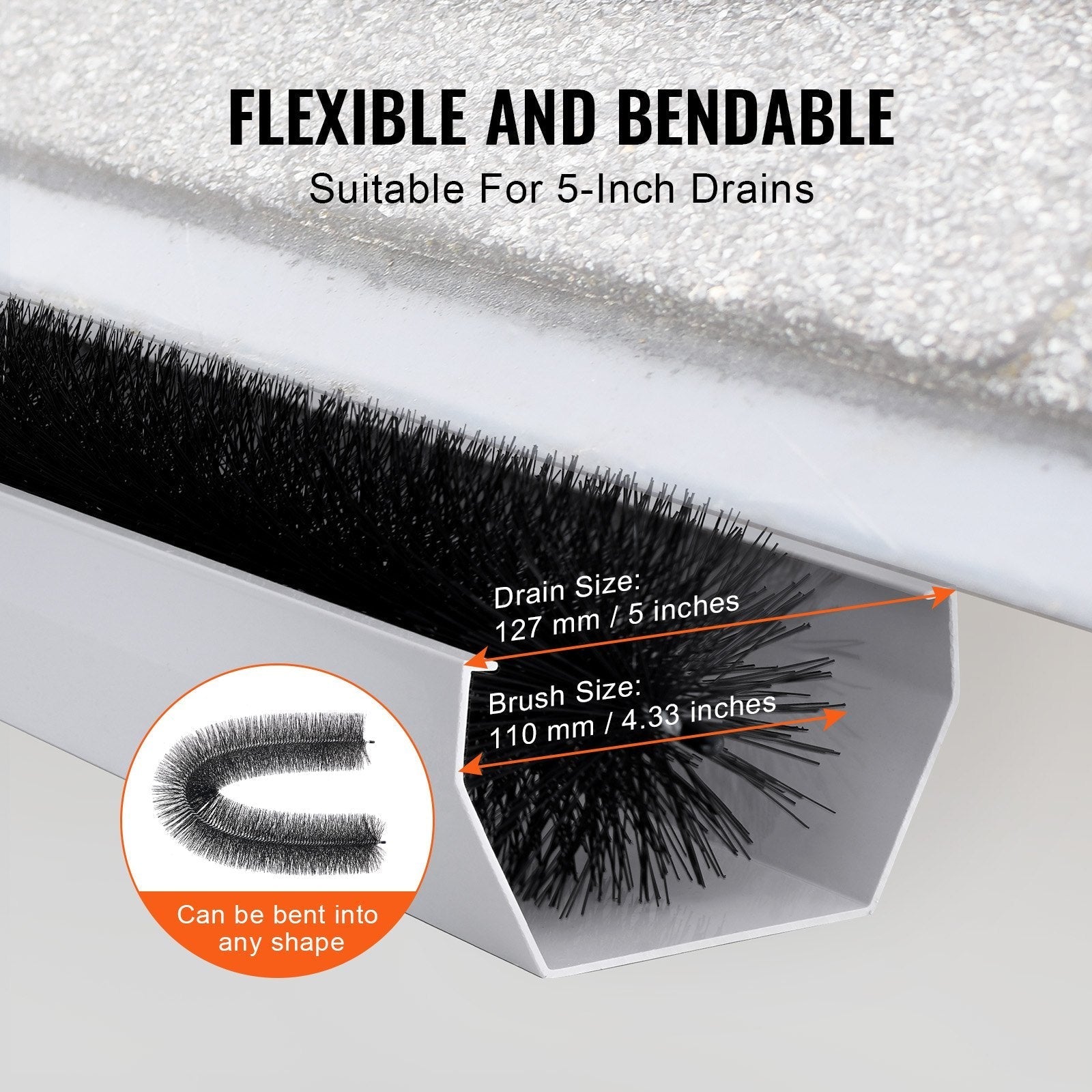 VEVOR Gutter Brush, 60 Feet Total Length 4.33 inch Diameter Gutter Cleaning Tools, Ground-Level Gutter Brush Leaf Guard for 5 Inch Gutters, Easily Clear roof Leaves and Debris, 20 Pack