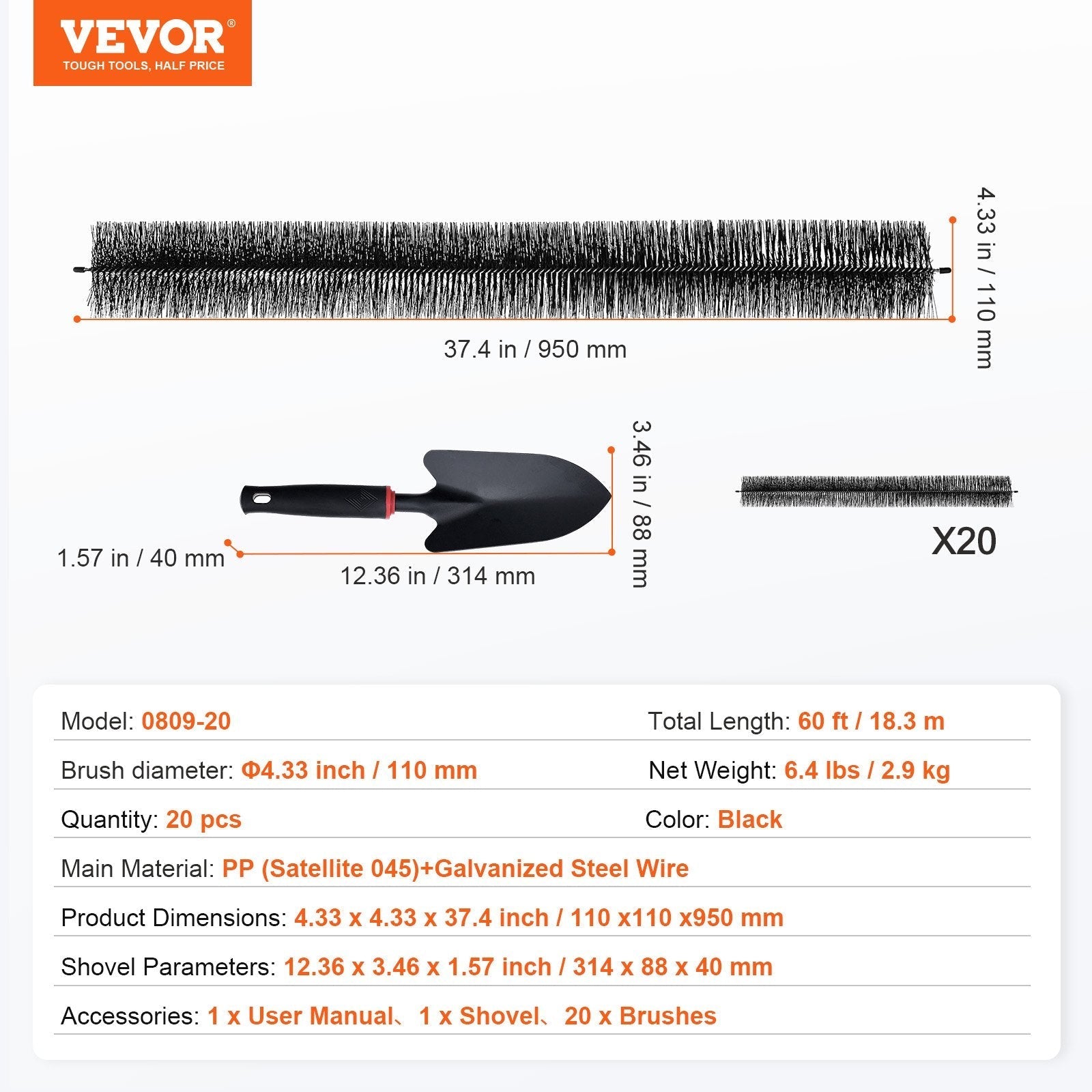 VEVOR Gutter Brush, 60 Feet Total Length 4.33 inch Diameter Gutter Cleaning Tools, Ground-Level Gutter Brush Leaf Guard for 5 Inch Gutters, Easily Clear roof Leaves and Debris, 20 Pack