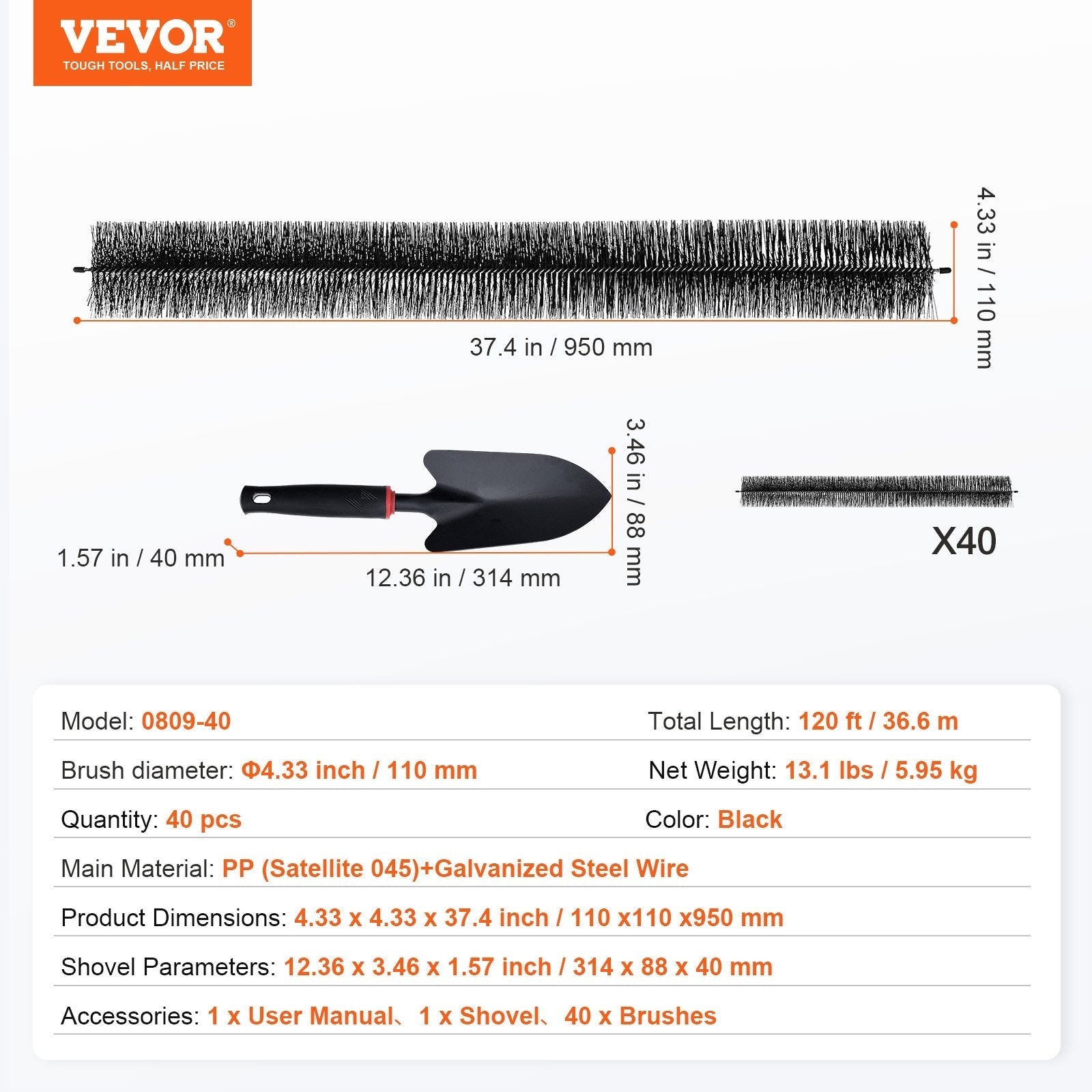 VEVOR Gutter Brush, 120 Feet Total Length 4.33 inch Diameter Gutter Cleaning Tools, Ground-Level Gutter Brush Leaf Guard for 5 Inch Gutters, Easily Clear roof Leaves and Debris, 40 Pack