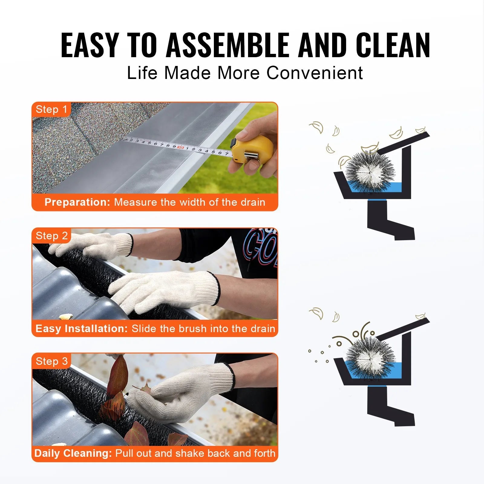 VEVOR Gutter Brush, 15 Feet Total Length 4.33 inch Diameter Gutter Cleaning Tools, Ground-Level Gutter Brush Leaf Guard for 5 Inch Gutters, Easily Clear roof Leaves and Debris, 5 Pack