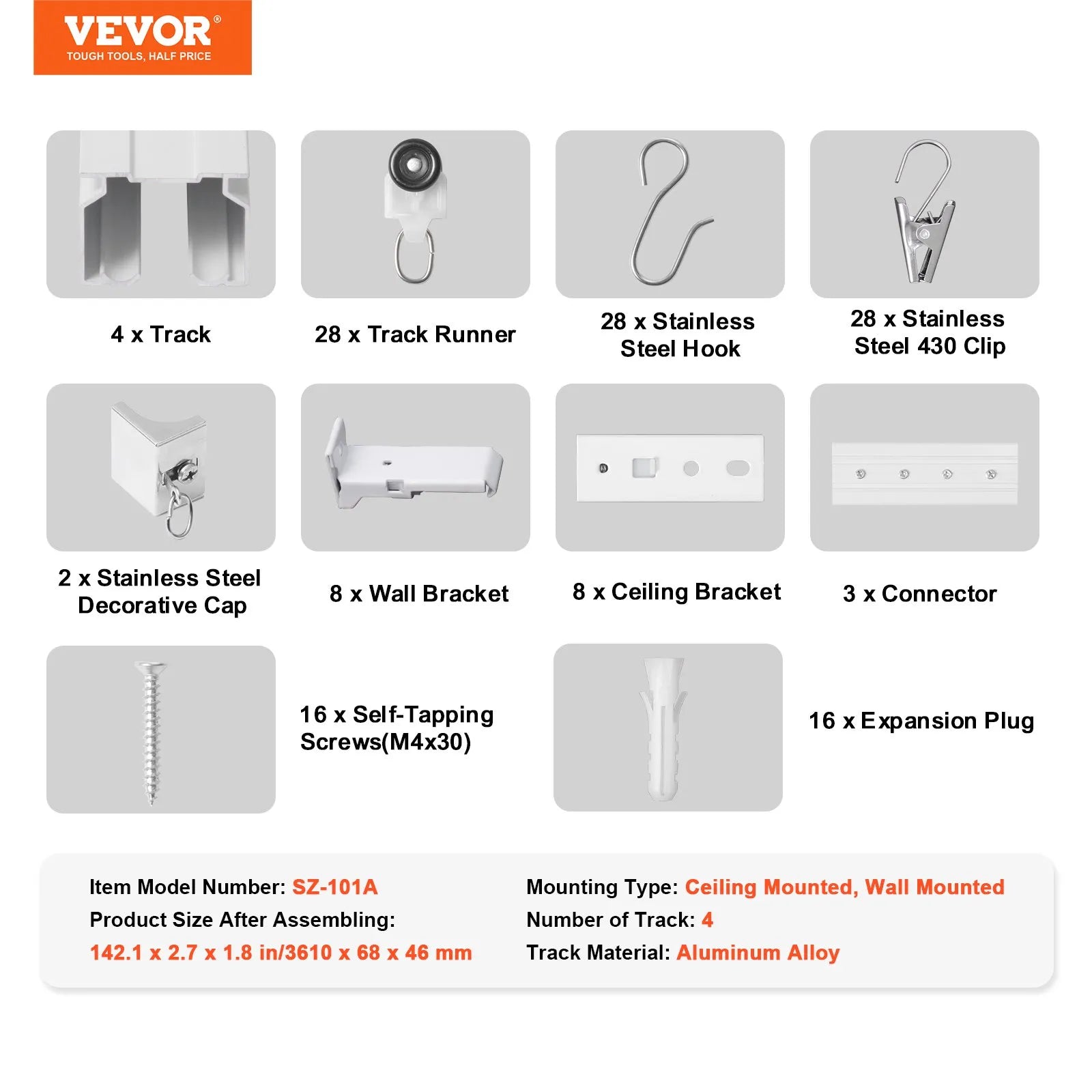 VEVOR Ceiling Curtain Track Set 11.8 FT/3.6 Meter Room Divider with Hooks White
