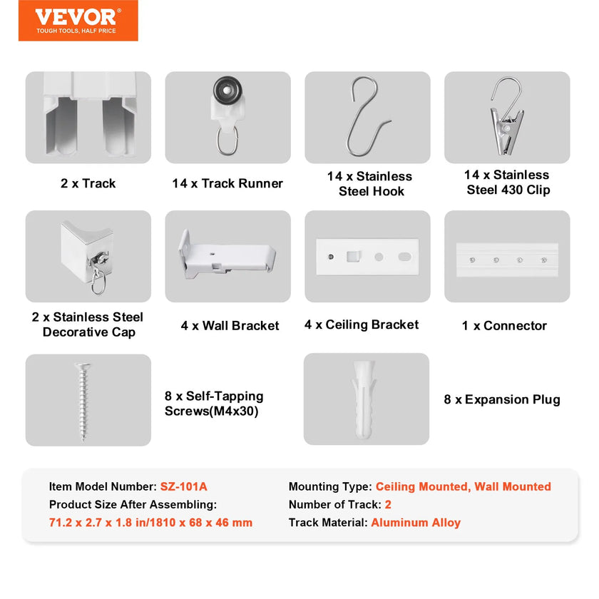 VEVOR Ceiling Curtain Track Set 5.9 FT/1.8 Meter Room Divider with Hooks White