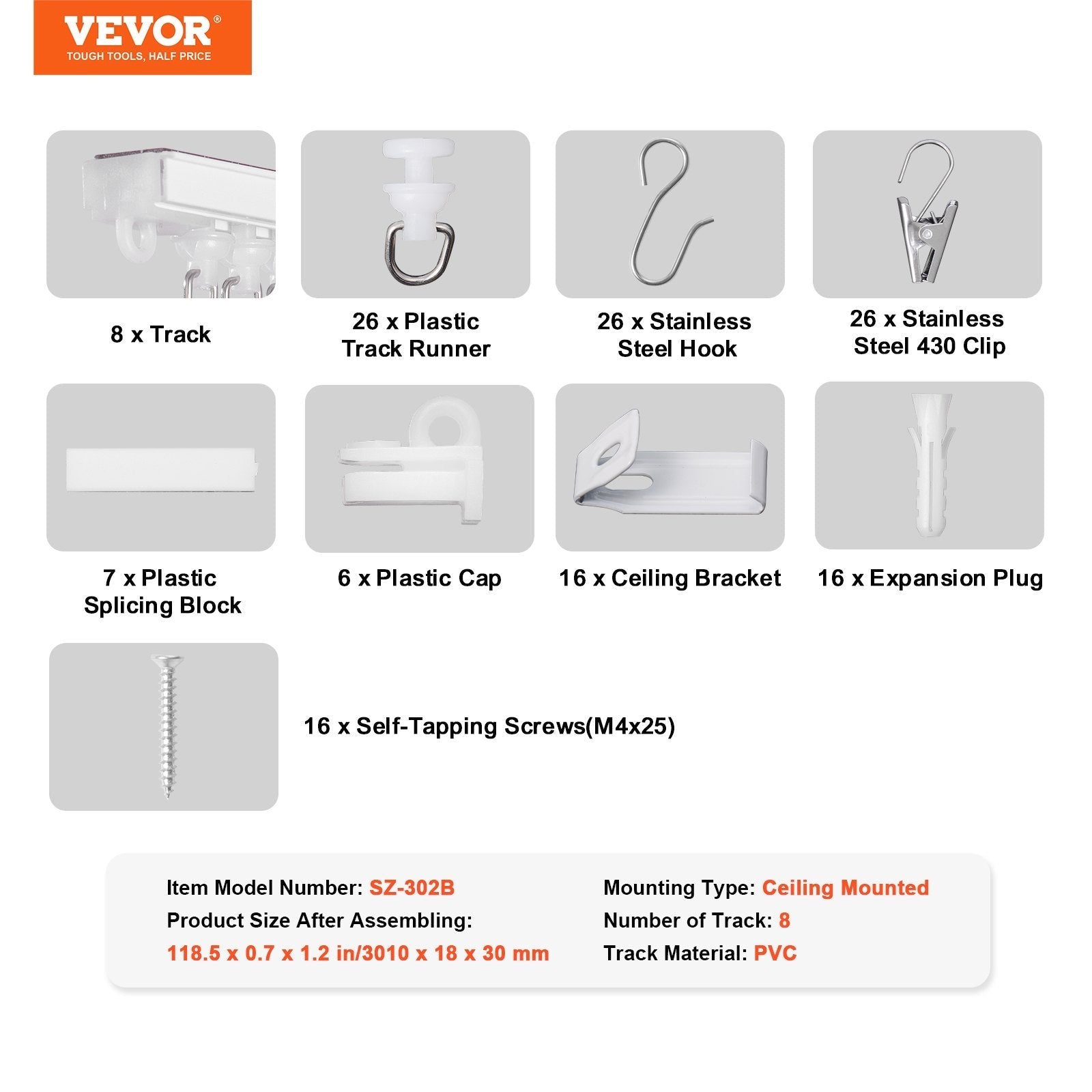 VEVOR Ceiling Curtain Track Set 9.9 FT/3 Meter Self Adhesive Room Divider White