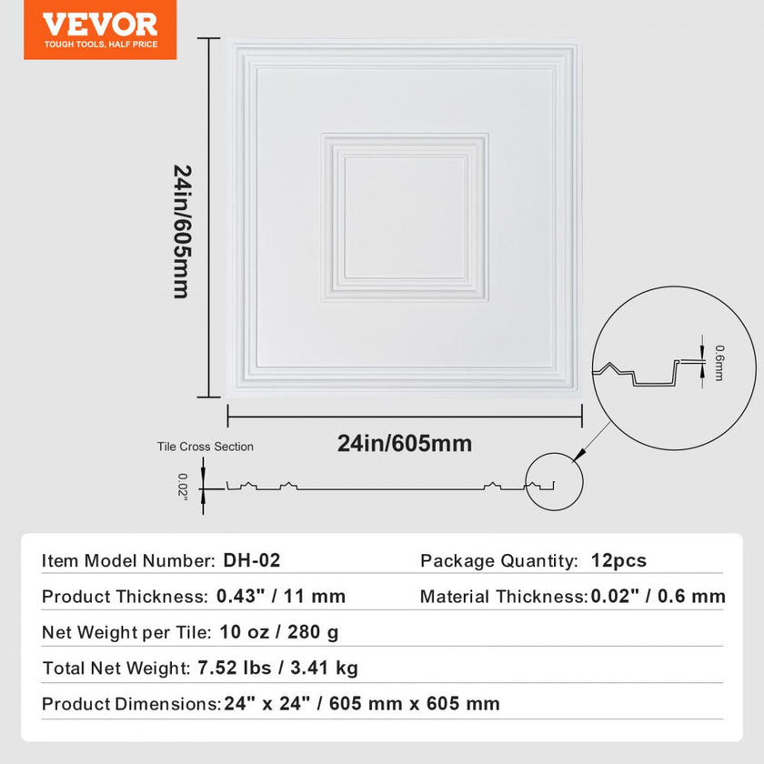 VEVOR Ceiling Tiles 12-Pack 24 x 24 in PVC Easy Installation White Geometric