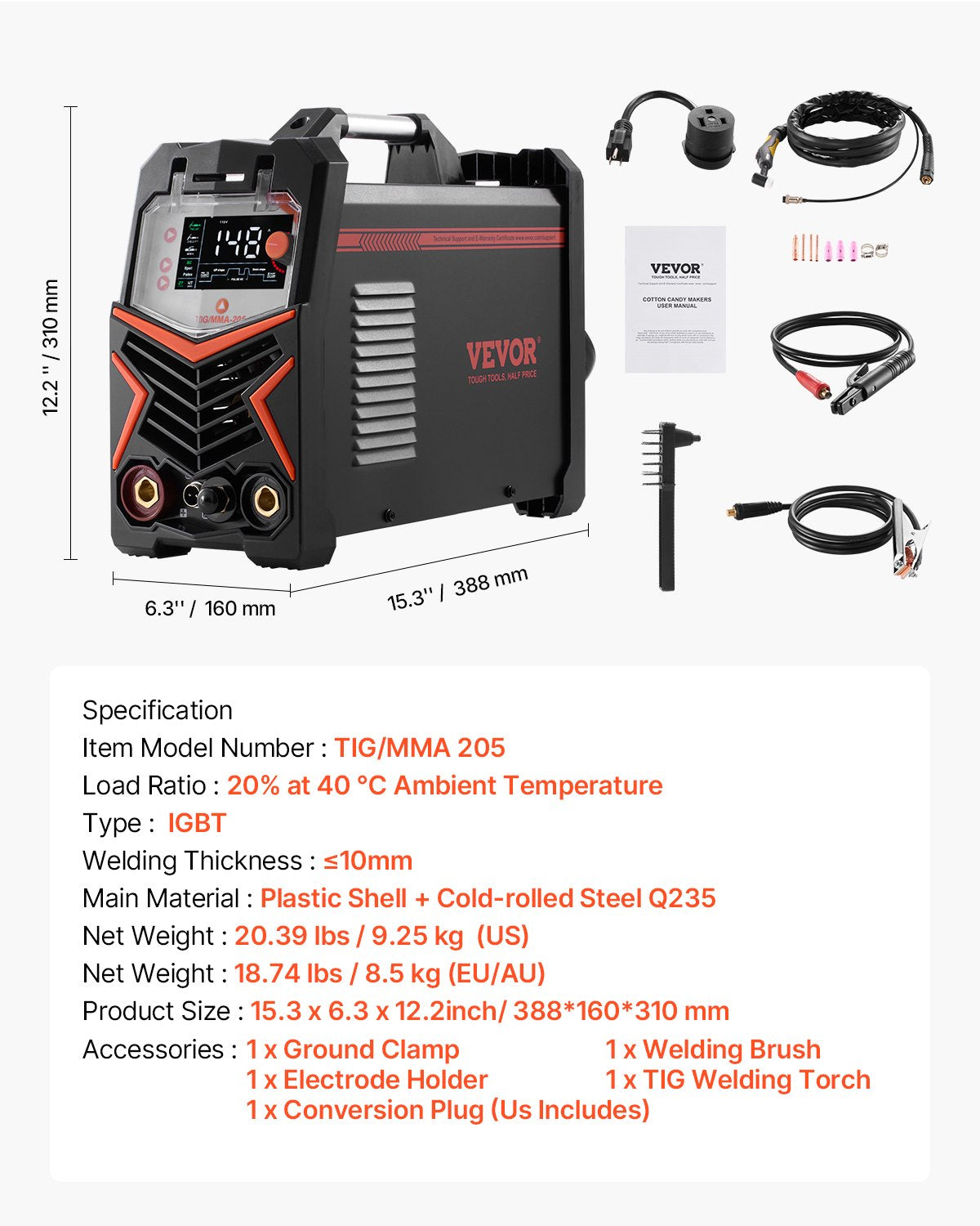 VEVOR TIG Welder 3-In-1 Welding Machine Pulse MMA Stick IGBT Inverter LED