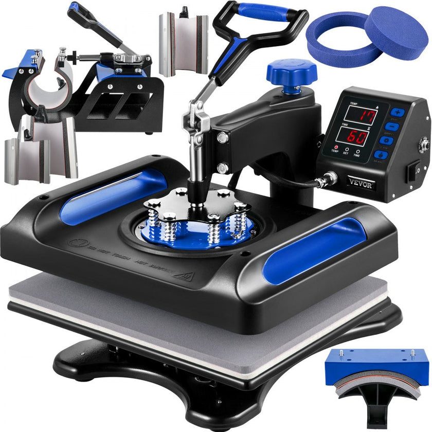 VEVOR Heat Press Machine 12 x 15 Inch 8 in 1 Heat Press Sublimation Machine 360° Rotation Swing Away 8 in 1 Shirt Printing Machine Dual-Tube Heating for DIY T-Shirts Cap & Mugs Blue