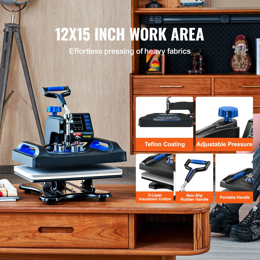 VEVOR Heat Press Machine 12 x 15 Inch 8 in 1 Heat Press Sublimation Machine 360° Rotation Swing Away 8 in 1 Shirt Printing Machine Dual-Tube Heating for DIY T-Shirts Cap & Mugs Blue