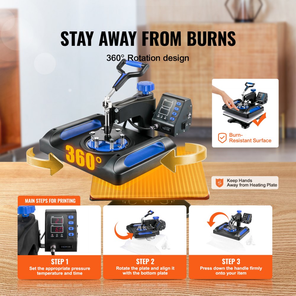 VEVOR Heat Press Machine 12 x 15 Inch 8 in 1 Heat Press Sublimation Machine 360° Rotation Swing Away 8 in 1 Shirt Printing Machine Dual-Tube Heating for DIY T-Shirts Cap & Mugs Blue