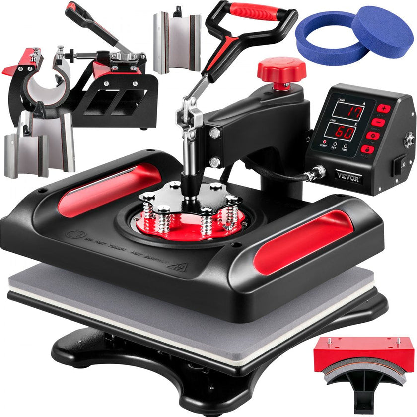 VEVOR Heat Press Machine 12 x 15 Inch 8 in 1 Heat Press Sublimation Machine 360° Rotation Swing Away 8 in 1 Shirt Printing Machine Dual-Tube Heating for DIY T-Shirts Cap & Mugs Red