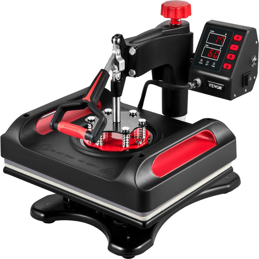 VEVOR Heat Press Machine 12 x 15 Inch 8 in 1 Heat Press Sublimation Machine 360° Rotation Swing Away 8 in 1 Shirt Printing Machine Dual-Tube Heating for DIY T-Shirts Cap & Mugs Red