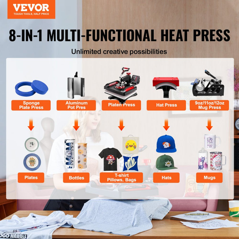 VEVOR Heat Press Machine 15 x 15 Inch 8 in 1 Heat Press 800W Sublimation Machine 360° Rotation Swing Away 8 in 1 Shirt Printing Machine Dual-Tube Heating for DIY T-Shirts Cap & Mugs Blue