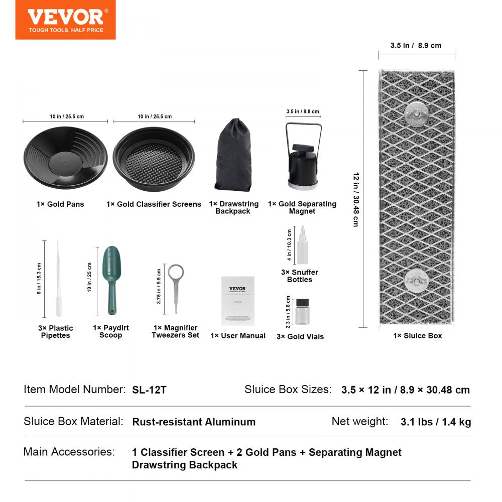 VEVOR Gold Panning Kit With Mini Sluice Box, 12