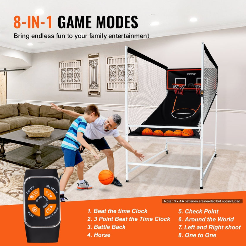 VEVOR Arcade Cage Basketball Game, 2 Player Indoor Basketball Game, Home Dual Shot Sport with 5 Balls, 8 Game Modes, Electronic Scoreboard, and Inflation Pump, for Kids, Adults (Black & White)