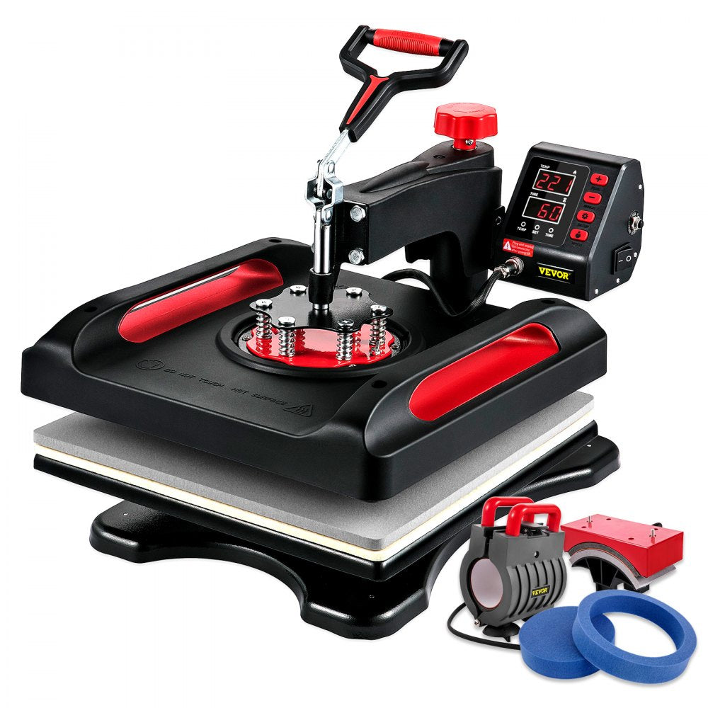 VEVOR Heat Press 15x15, Upgraded Heat Press Machine 5 in 1, Anti-Scald, Fast-Heating, Swing Away Digital Control Multifunction Heat Press for Sublimation Combo for T-Shirt Hat Cap Mug Plate, Red