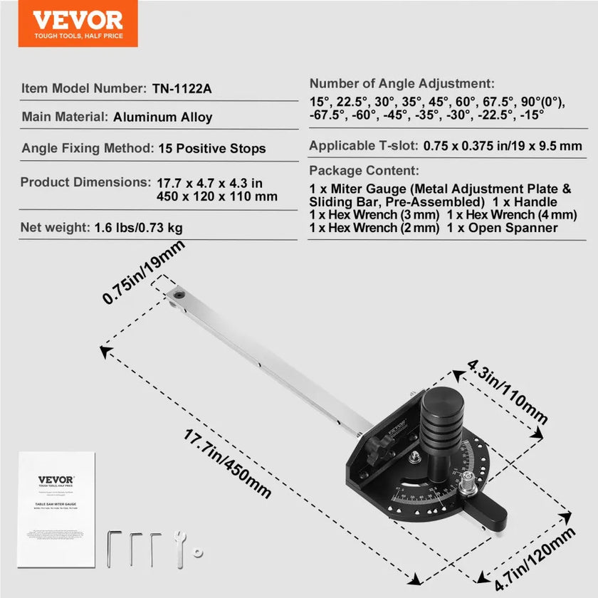VEVOR Precision Miter Gauge, Standard Slot 3/4'' x 3/8'', Aluminum Alloy Table Saw Miter Gauge with 15 Angle Stops Adjustable Spring Loaded Plunger and Removable Disc, for Woodworking Tool Table Saw