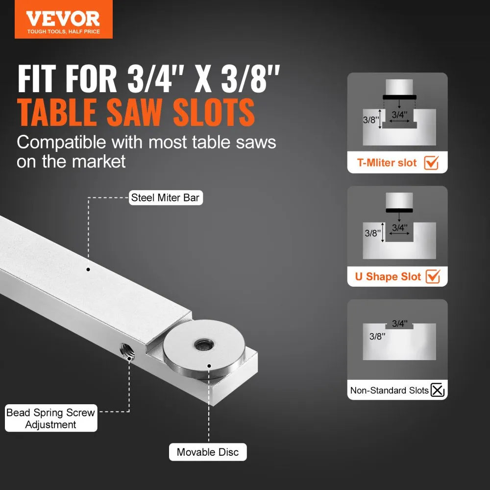 VEVOR Precision Miter Gauge, Standard Slot 3/4'' x 3/8'', Aluminum Alloy Table Saw Miter Gauge with 24 in Grating 15 Angle Stops Adjustable Spring Loaded Plunger and Removable Disc, for Woodworking