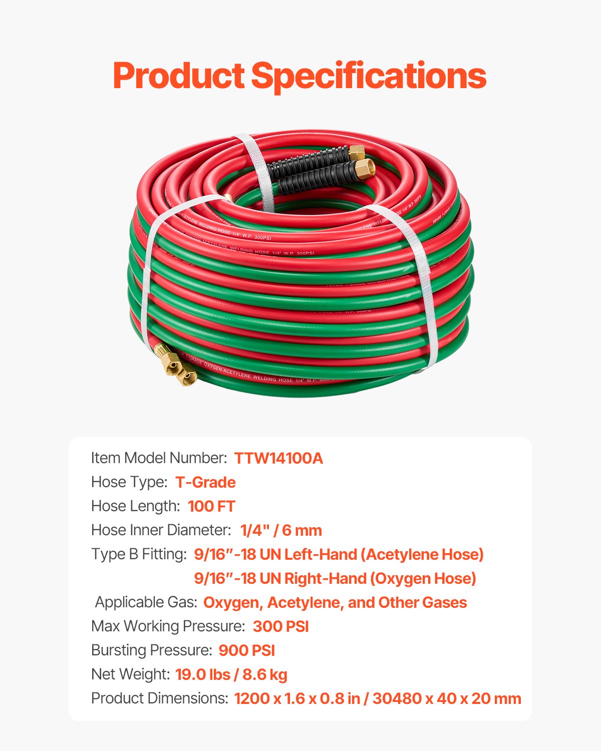 VEVOR Oxygen Acetylene Hose 1/4-Inch x 100FT Oxy Acetylene Hose 300PSI T Grade
