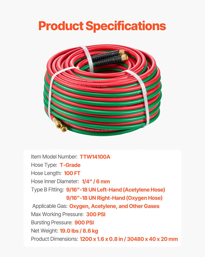 VEVOR Oxygen Acetylene Hose 1/4-Inch x 100FT Oxy Acetylene Hose 300PSI T Grade