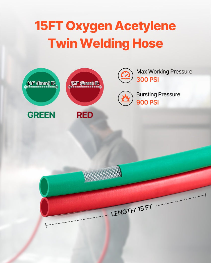 VEVOR Oxygen Acetylene Hose 1/4-Inch x 15FT Oxy Acetylene Hose 300PSI T Grade