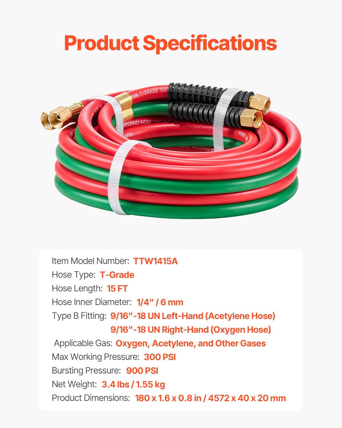 VEVOR Oxygen Acetylene Hose 1/4-Inch x 15FT Oxy Acetylene Hose 300PSI T Grade