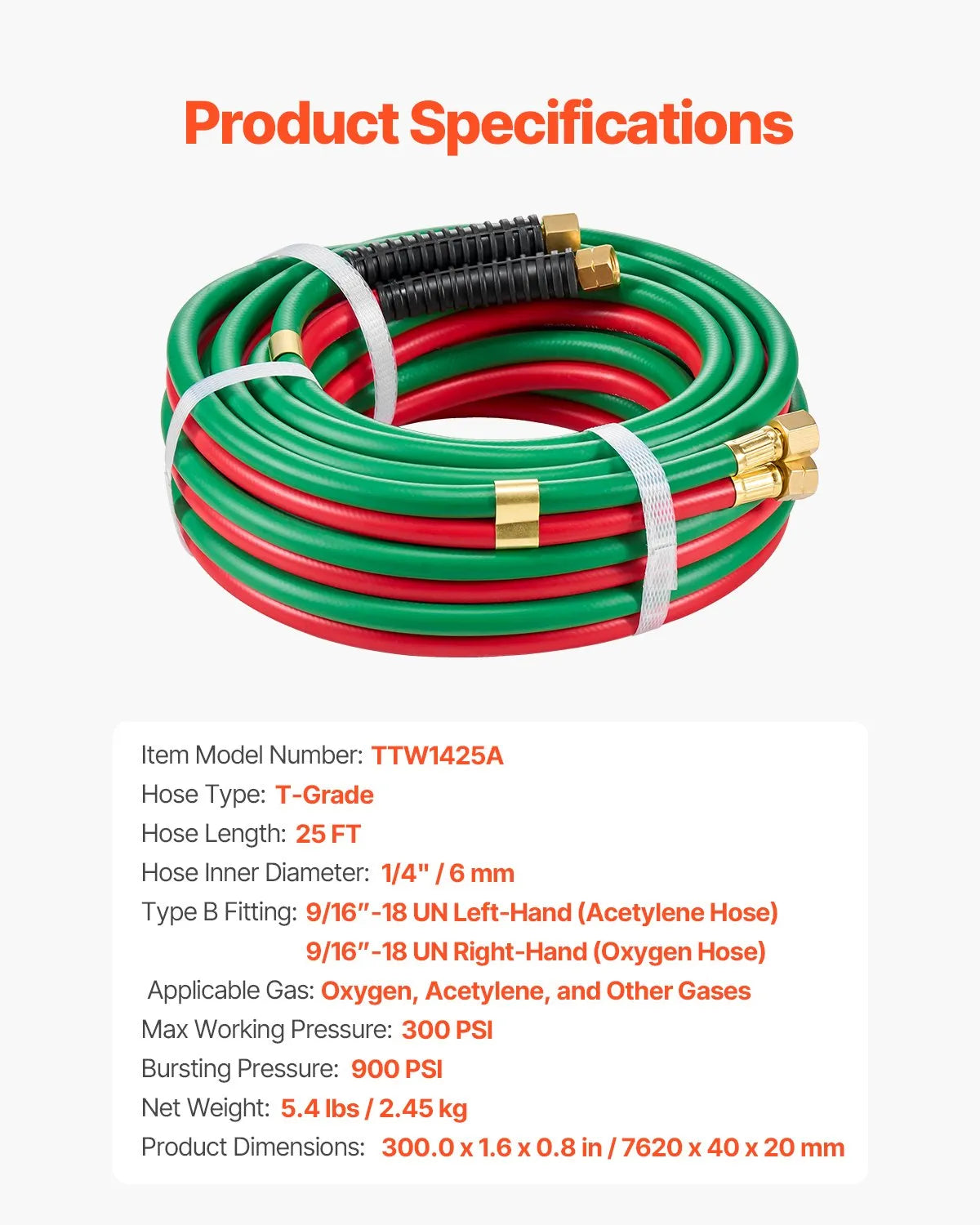 VEVOR Oxygen Acetylene Hose 1/4-Inch x 25FT Oxy Acetylene Hose 300PSI T Grade