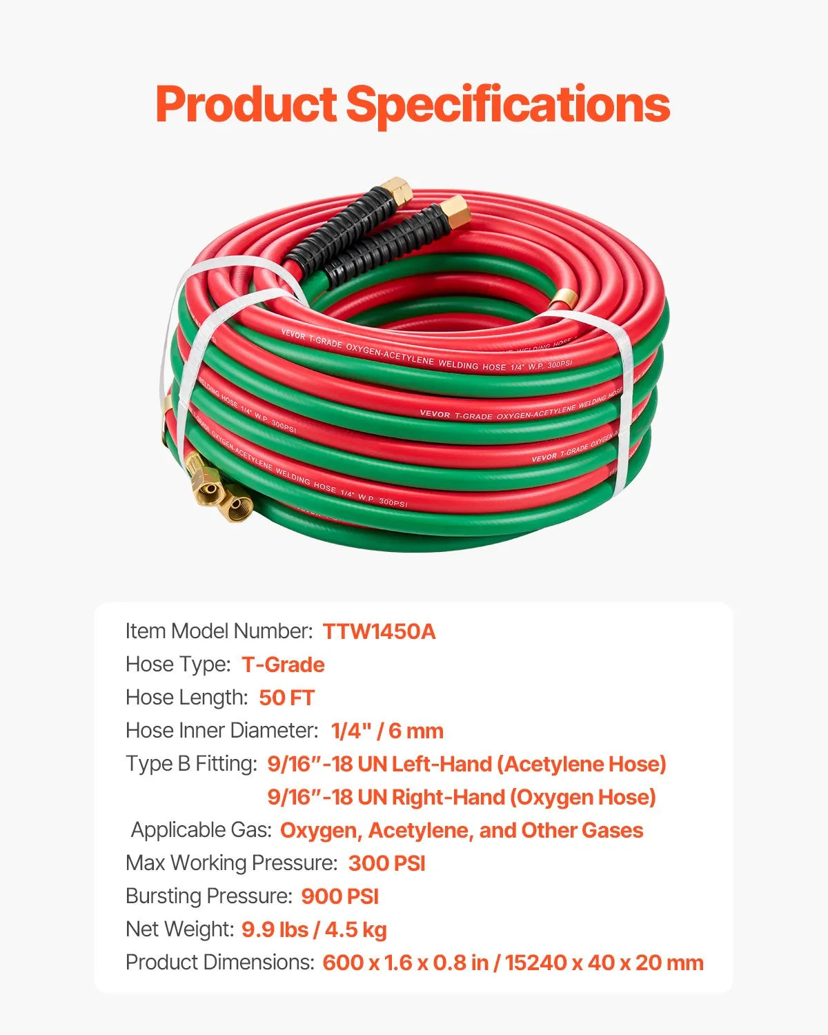 VEVOR Oxygen Acetylene Hose 1/4-Inch x 50FT Oxy Acetylene Hose 300PSI T Grade